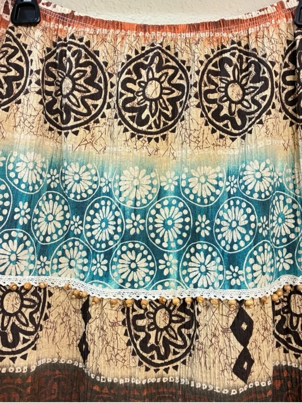 Bohemian Tiered Maxi Skirt in Teal and Brown